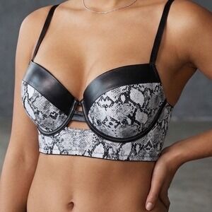 XOXO Womens Snakeskin Faux Leather Trim Longline Push Up Bra Grey Black 34C‎